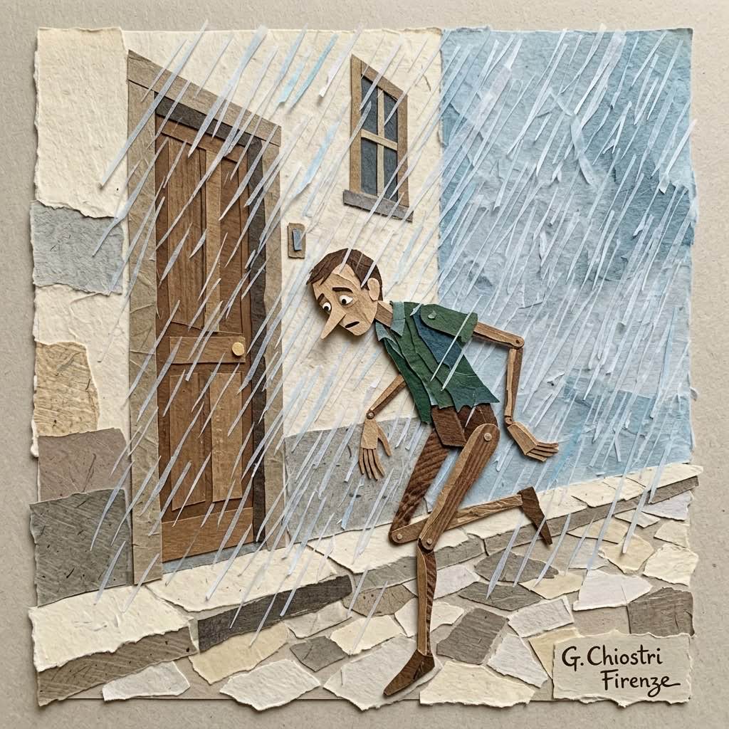 Pinocchio sotto la pioggia